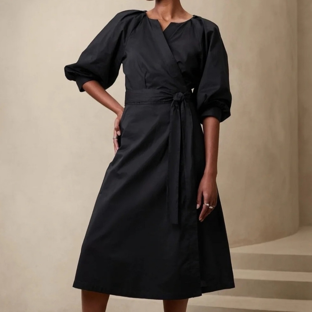 Banana Republic Factory Blouson Sleeve Midi Dress Black Wrap